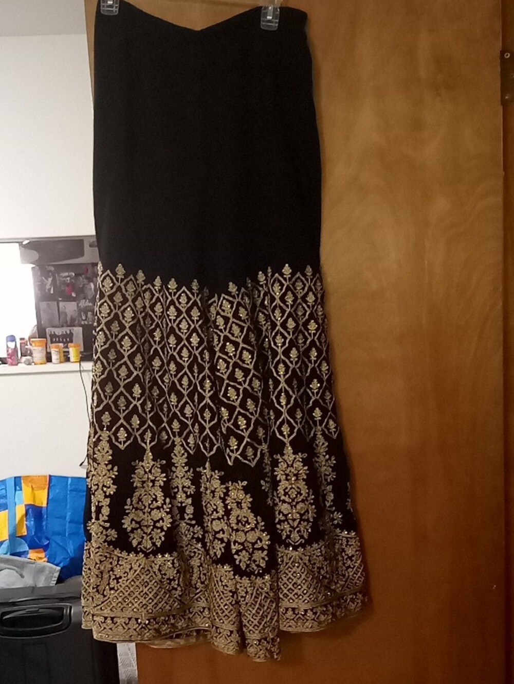 Black & Gold Embroidered, Gold Sequins, Wide-Leg Palazzo Pants